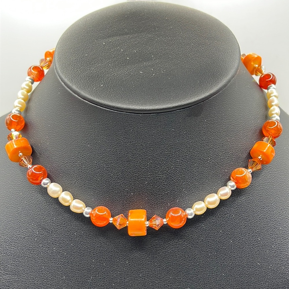 CORAL, FIRE AGATE, PEARL, CRYSTAL & STERLING SILVER ARTISAN CHOKER NECKLACE